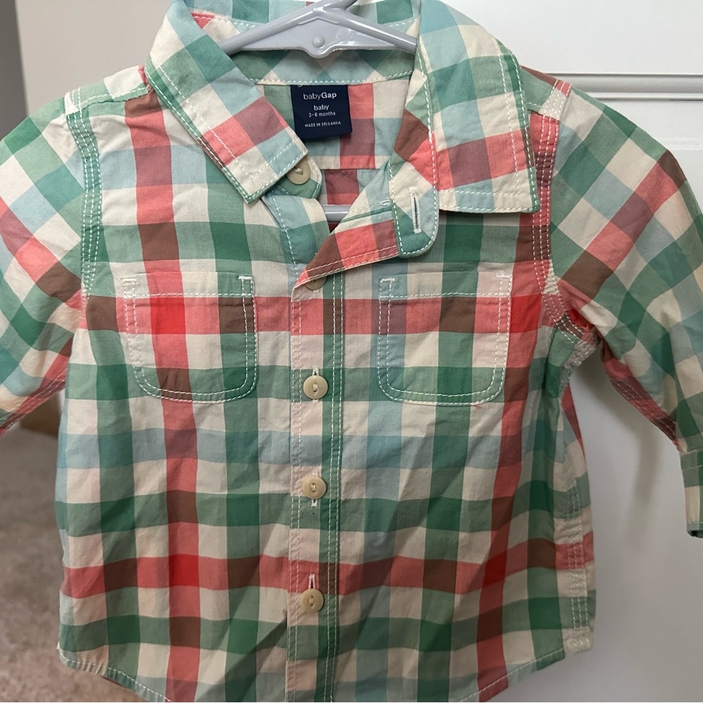 Baby Gap - Spring Plaid Shirt & Sweater Set - Green, Coral,Blue, White 3-6 Month